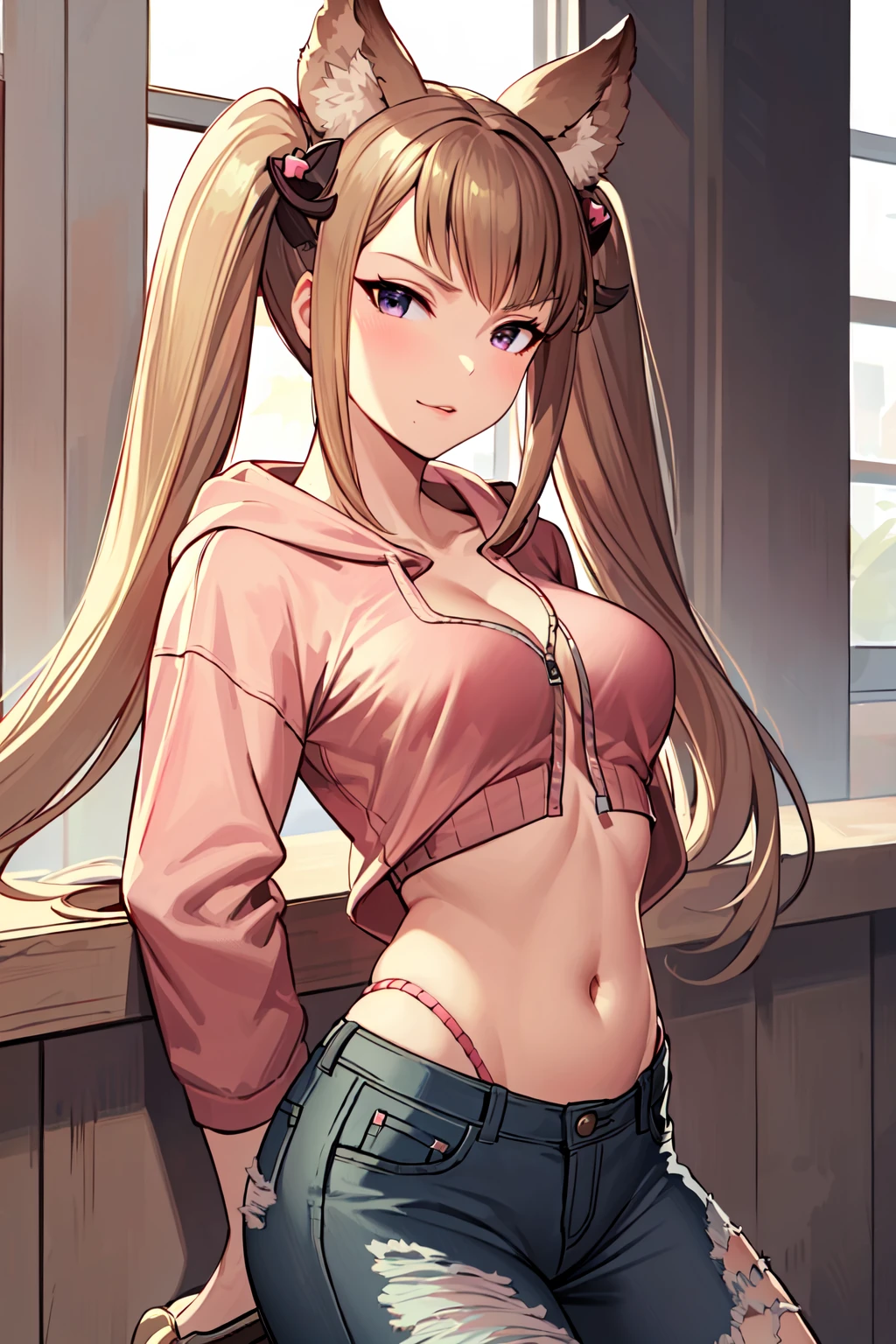 masterpiece, best quality, <lora:Meterav2:0.7>metera, twintails, <lora:urbanGal_v10:0.7>urban gal, short denim jeans, pink hoodie, looking at viewer, indoors,
