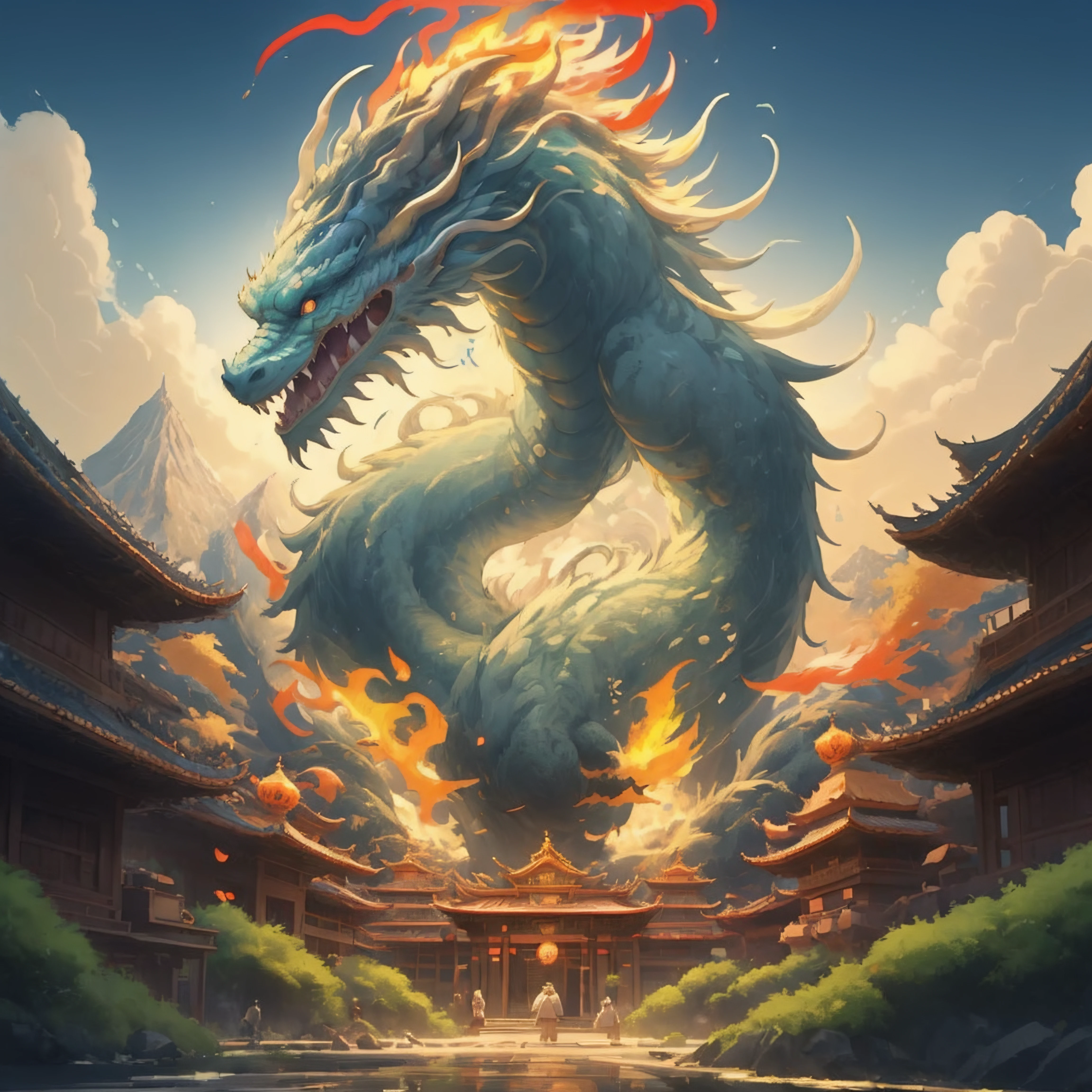 <lora:DragonsTemple:0.65>, a dragon, with paws, (temple:1.2), bright, tail, glow, anime, design, studio ghibli, festival