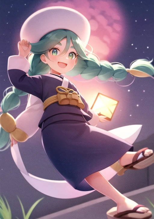 <lora:sabi:0.6>,sabi, 1girl, solo, long hair, smile, open mouth, bangs, long sleeves, hair between eyes, twintails, green eyes, braid, :d, green hair,  twin braids, eyelashes, outdoors, japanese clothes, sky, cloud, kimono, mole, two-tone hair, sash, mole under eye, sandals, rope, knees up, sunset, lantern, crossed bangs, stairs, colored inner hair, blue kimono, purple sky, white headwear,