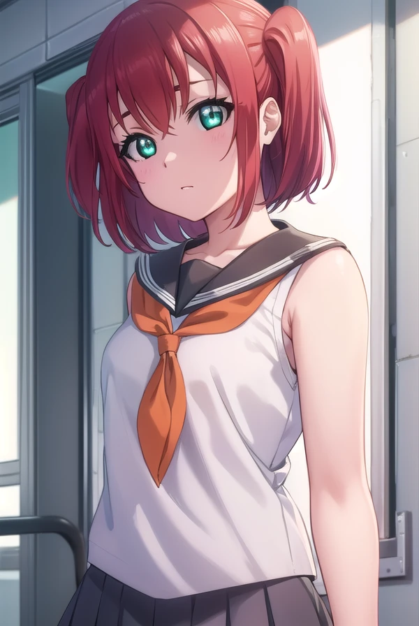 rubykurosawa, <lora:ruby kurosawa s2-lora-nochekaiser:1>,
ruby kurosawa, short hair, bangs, (green eyes:1.3), red hair, aqua eyes, (two side up:1.2),
BREAK shirt, school uniform, white shirt, serafuku, neckerchief, uranohoshi school uniform, orange neckerchief, sleeveless, skirt, pleated skirt, grey skirt,
BREAK indoors, classroom,
BREAK looking at viewer, (cowboy shot:1.5),
BREAK <lyco:GoodHands-beta2:1>, (masterpiece:1.2), best quality, high resolution, unity 8k wallpaper, (illustration:0.8), (beautiful detailed eyes:1.6), extremely detailed face, perfect lighting, extremely detailed CG, (perfect hands, perfect anatomy),