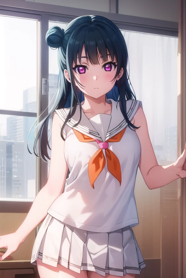 yoshikotsushima, <lora:yoshiko tsushima s2-lora-nochekaiser:1>,
yoshiko tsushima, long hair, bangs, blue hair, (pink eyes:1.3), hair bun, single hair bun, single side bun,
BREAK shirt, school uniform, white shirt, serafuku, neckerchief, uranohoshi school uniform, (orange neckerchief:1.3), sleeveless, skirt, pleated skirt, grey skirt,
BREAK indoors, classroom,
BREAK looking at viewer, (cowboy shot:1.5),
BREAK <lyco:GoodHands-beta2:1>, (masterpiece:1.2), best quality, high resolution, unity 8k wallpaper, (illustration:0.8), (beautiful detailed eyes:1.6), extremely detailed face, perfect lighting, extremely detailed CG, (perfect hands, perfect anatomy),