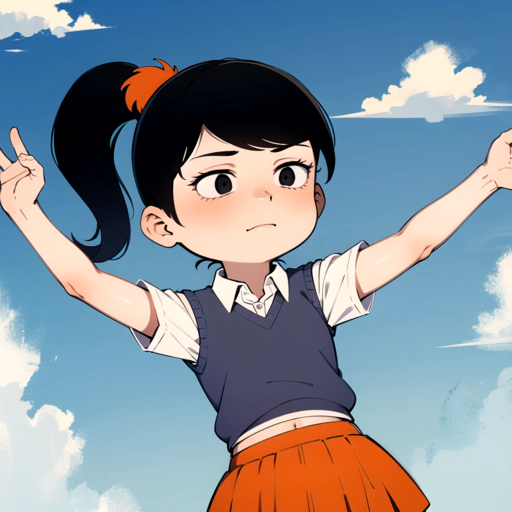 akiko yoshida, 1girl, black hair, solo, ponytail, sweater vest, school uniform, orange skirt, black eyes, shirt, short sleeves, <lora:Akiko_Yoshida_Leaf1:0.8>, freefall, falling, blue sky,