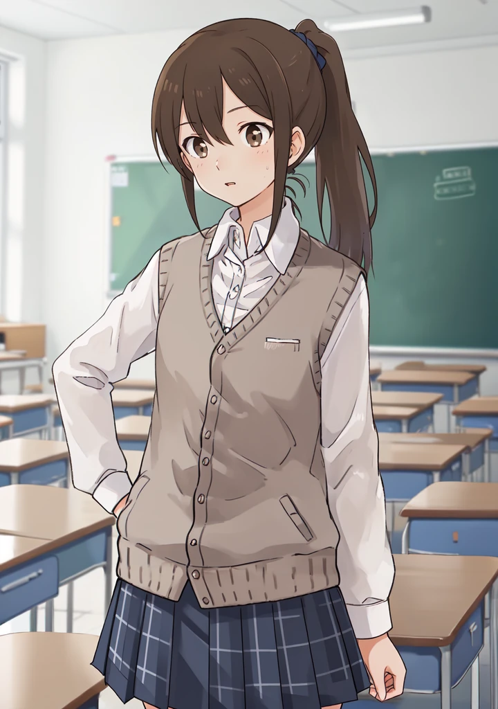 masterpiece, best quality,
<lora:add_detail:-0.8>
<lora:kindred_spirits.v3-000007:0.75>
kd_vnstyle
1girl,solo, (small eyes),
ponytail, brown hair, brown eyes,
BREAK,
white collared shirt, plaid skirt, pleated skirt, break blue sweat vest,
looking away,
looking to the side,
classroom,
blurry background,