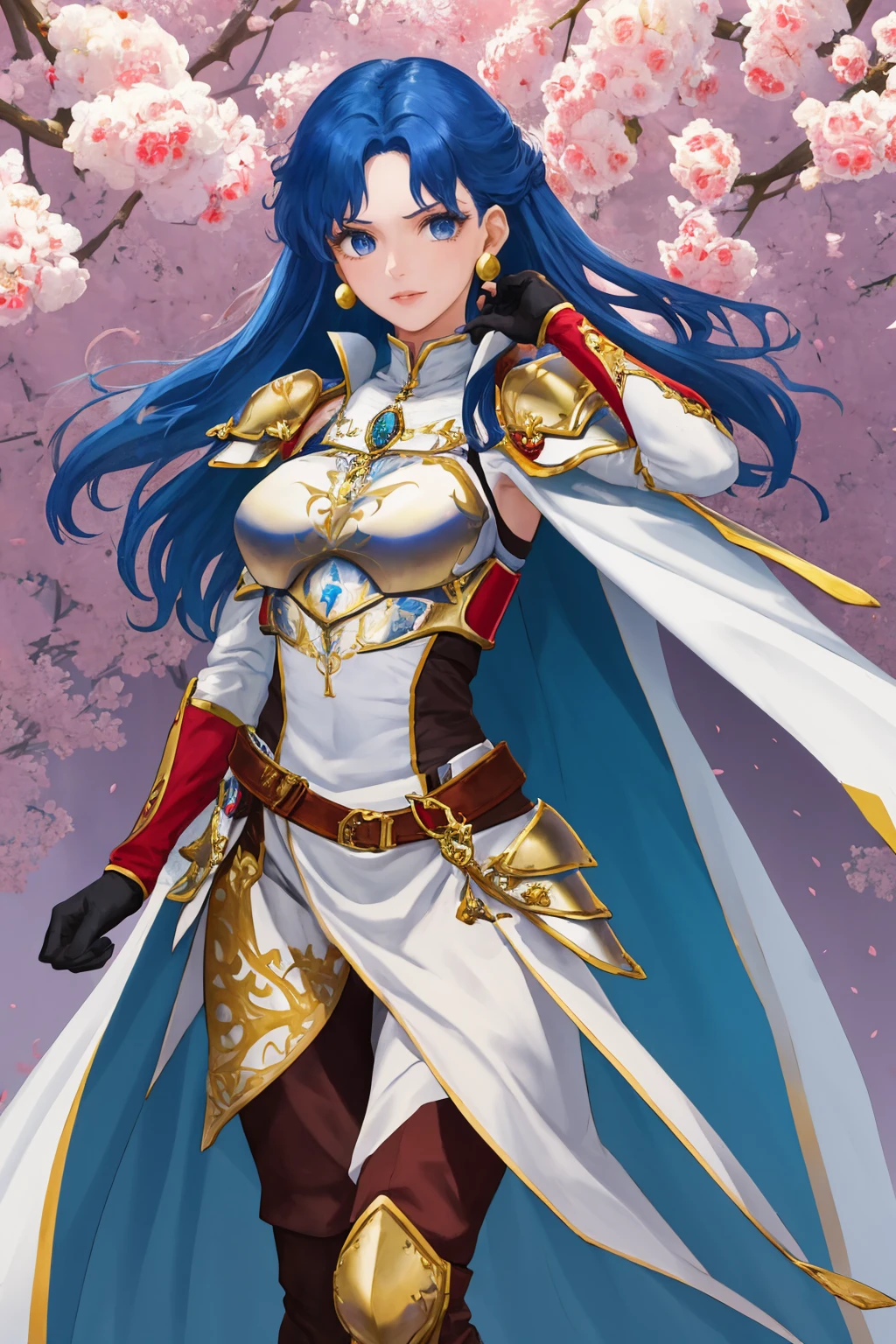 masterpiece, best quality, 1girl, solo, <lora:selphina-fe-richy-v1:1> selphina, earrings, shoulder armor, gloves, long sleeves, breast plate, brooch, white cape, standing, thigh boots