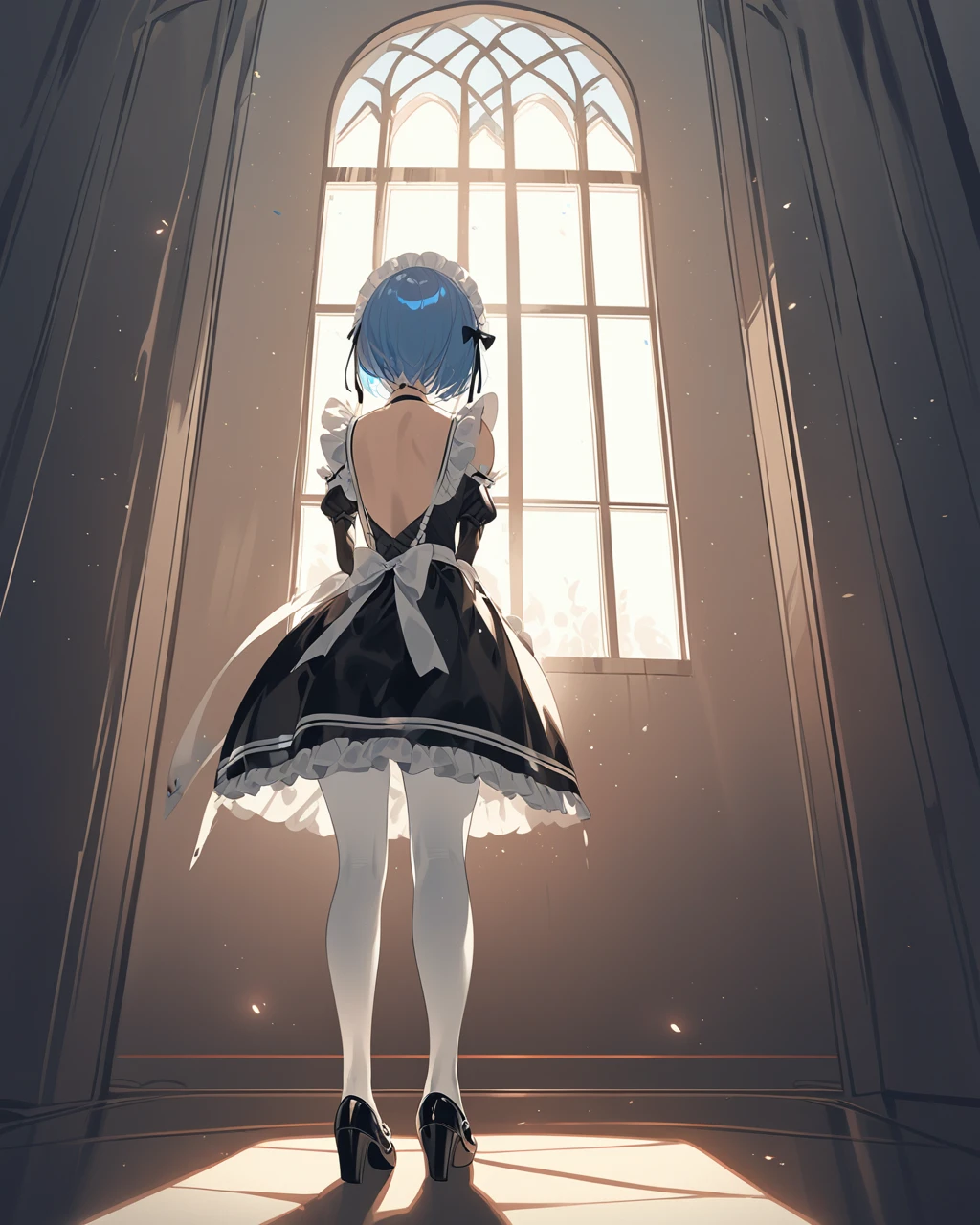 fajyobore, 1girl, blue hair, solo, short hair, roswaal mansion maid uniform, maid, rem (re:zero), detached sleeves, from behind, indoors, holding, back, frills, window, frilled sleeves, dress, white pantyhose, pantyhose, facing away, ribbon, black footwear, long sleeves, maid headdress, shoes, shoe soles, breasts, hair ribbon, standing, backless outfit, hair ornament, apron