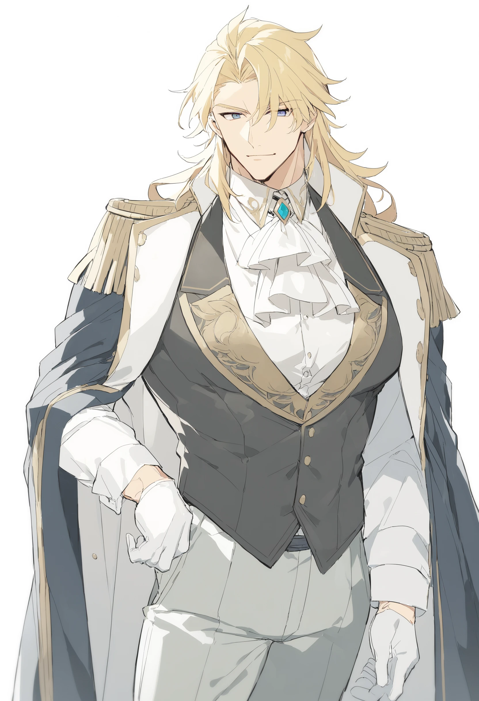 1boy, solo, male focus, mature male, manly, [muscular male:0.88], large pectorals, fat, blonde hair, long hair, dark blue eyes, white ascot, jeweled ascot, white noble shirt, collared shirt, ruffled shirt, black vest, dark blue long coat, long stitched coat, noble coat, epaulettes, white silk gloves, gray tuxedo pants, black long boots, medium quality, nagi <lora:nagi_XL:1>