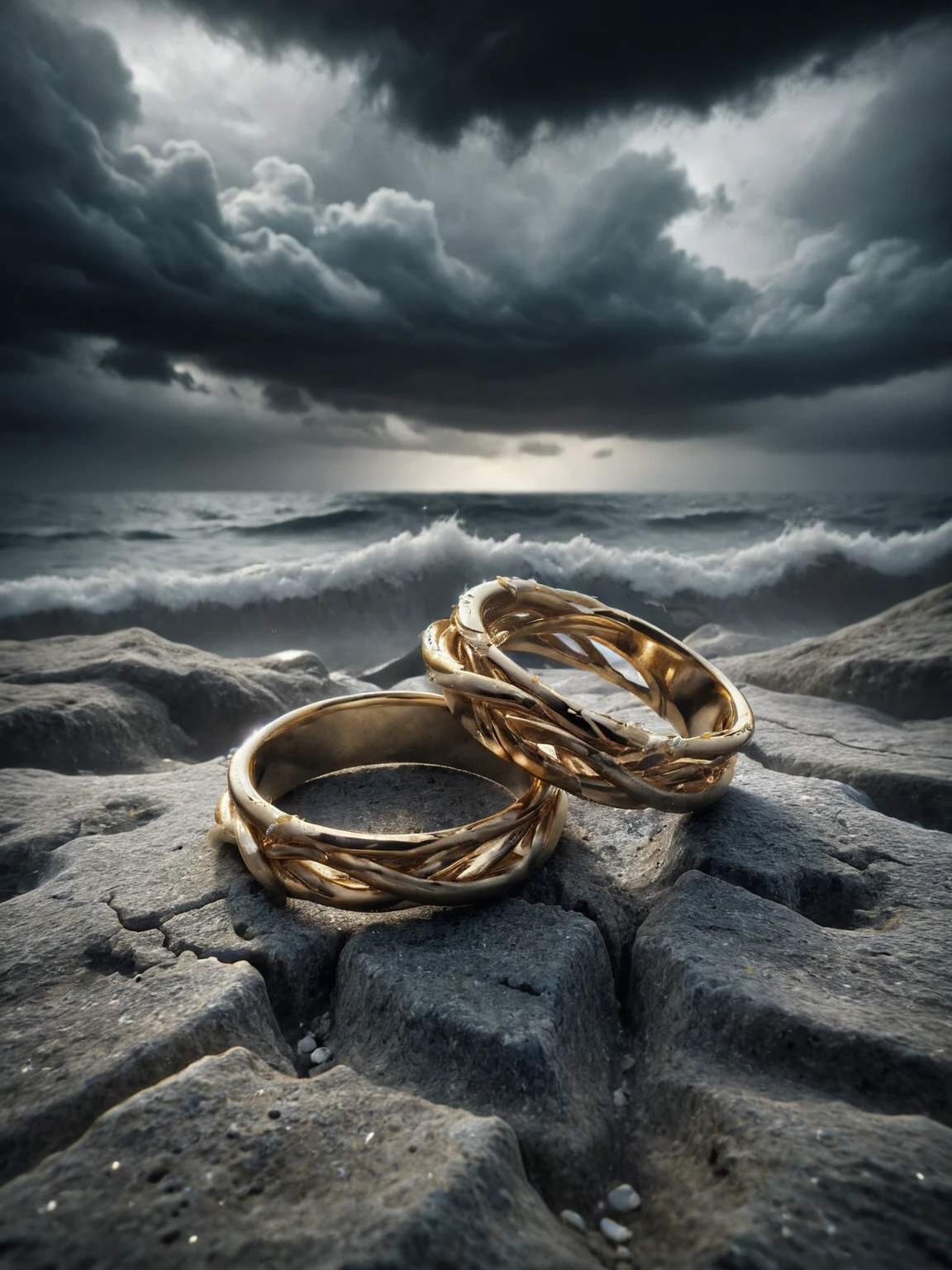 A pair of intertwined ais-hrtbrkz gold rings, discarded on the shore of a stormy sea, <lora:ais-hrtbrkz-sdxl:1>