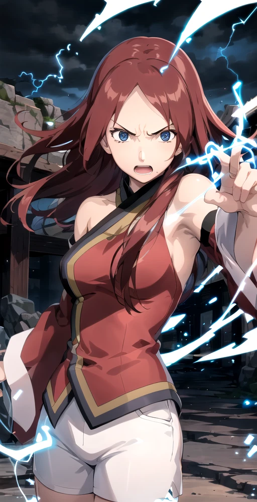 Fuka, 1girl, solo, looking at viewer, angry, (fighting pose), (electrokinesis, lightning), forehead, shinobi outfit, detached wide sleeves, white shorts, perfect quality, good quality, masterpiece, HDR, UHD <lora:Fuka:0.7>