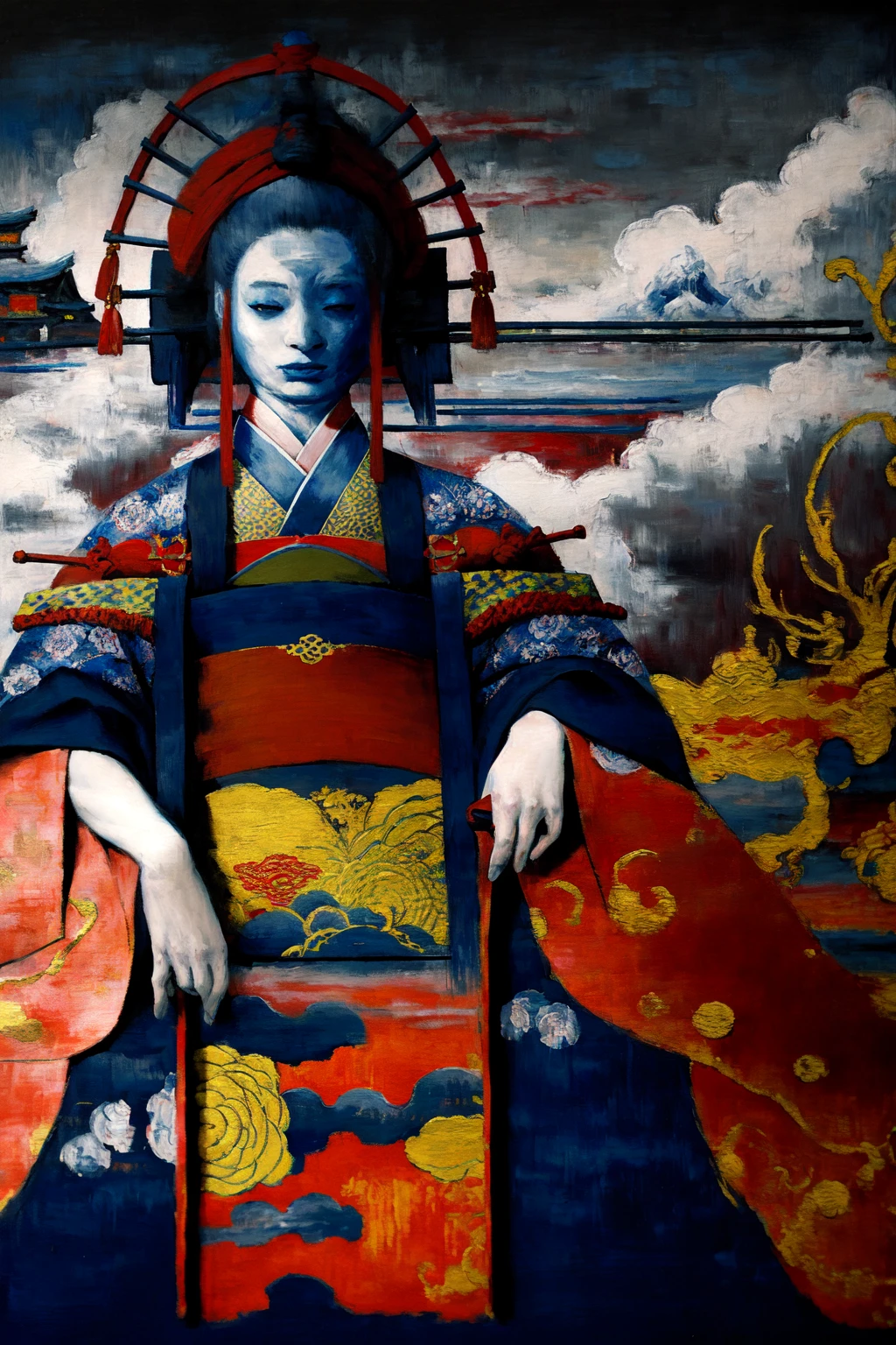 oiran woman holding smoking pipe, intricate blue kimono, kyoto townscape, perspective, very long hair, facial mark, dutch angle, kanzashi, monster, (colorful, dark, shade, scenery, oil painting \(medium\), horror \(theme\), painting \(medium\), tkstyle:1.2) <lora:tkstyle_2:1>