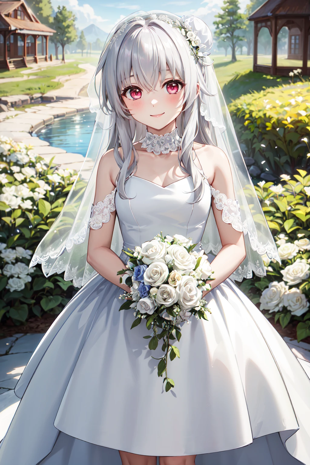 masterpiece,best quality,highres,ultra-detailed,clara,long hair,bangs,hair between eyes,<lora:clara_(honkai_star_rail):0.7>,(wedding dress:1.2),white dress,(veil:1.2),garden,smile,outdoors,standing,cowboy shot,holding bouquet,hair bun,