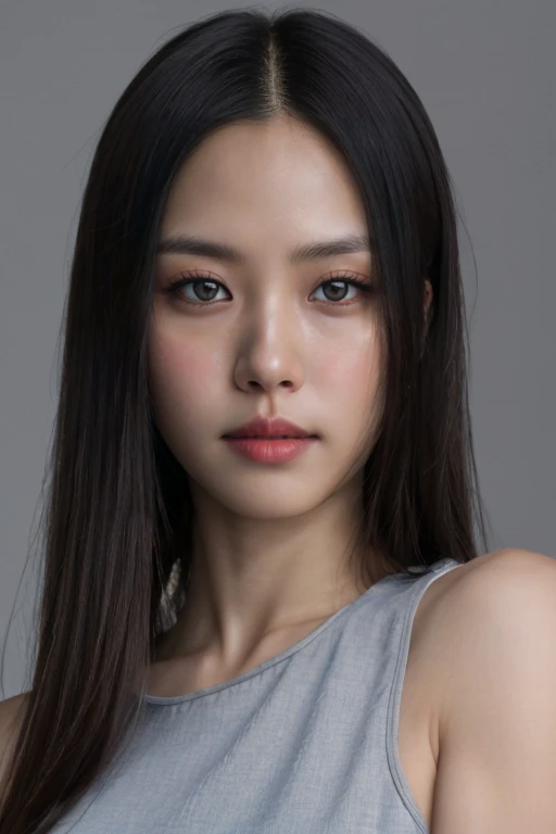 masterpiece, best quality, ultra-detailed, ultra high res, (photorealistic:1.4), raw photo, (realistic:0.2), 8k HDR, 1girl, solo, (looking at viewer), realistic lighting, asymmetrical long hair, (detailed skin), (detailed face), (simple gray background :1.1), (upper body:1.5), simple dress, sleeveless,