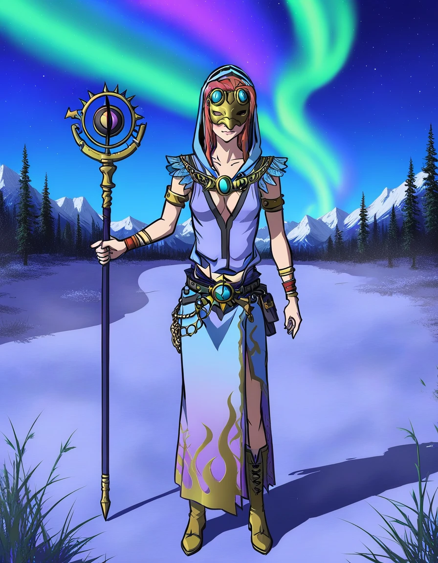 oldest,1girl, <lora:OracleTzeentchXL:0.8>,oracletzeentch,solo,standing,hood,mask,covered eyes,holding staff,dress,chain,jewelry,belt,cleavage,sleeveless,boots,full body,outdoors,in field,aurora borealis,at night,snowy