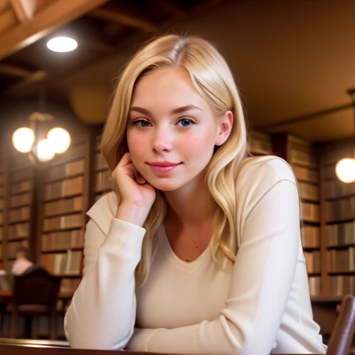 a woman is sitting at a table inside a cozy library,brunette,long hair, blurry,deptyh of field,
