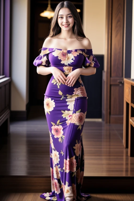 ((1 girl, 22 y.o, Masterpiece, best quality, cinematic lighting, 8k, full body shot, long hair, hourglass body)), (smile:0.85), (realistic background:1.2)
<lora:Long_Dress_H6_By_Stable_yogi:1> purple off-shoulder dress, floral print