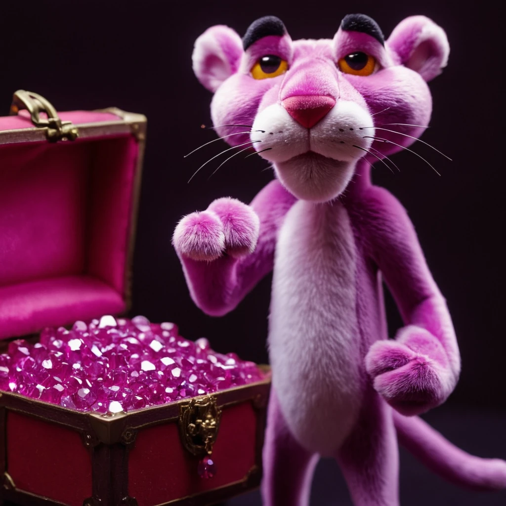 cinematic film still of <lora:The Pink Panther:1>
The Pink Panther a purple rabbit holding a trunk filled with purple jewels,anime manga style,simple background,no humans,sparkle,black background,gem,crystal,glint,gold,red gemstone,still life,treasure chest,purple gemstone , cartoon, funny, silly, box of pink purple diamonds, shallow depth of field, vignette, highly detailed, high budget, bokeh, cinemascope, moody, epic, gorgeous, film grain, grainy