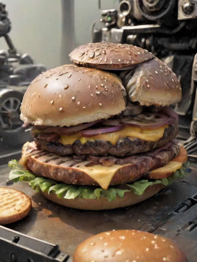 an (armored:1.3) military grade (hamburger:0.3), <lora:- SDXL - heavy_armored_V2.1:.9>