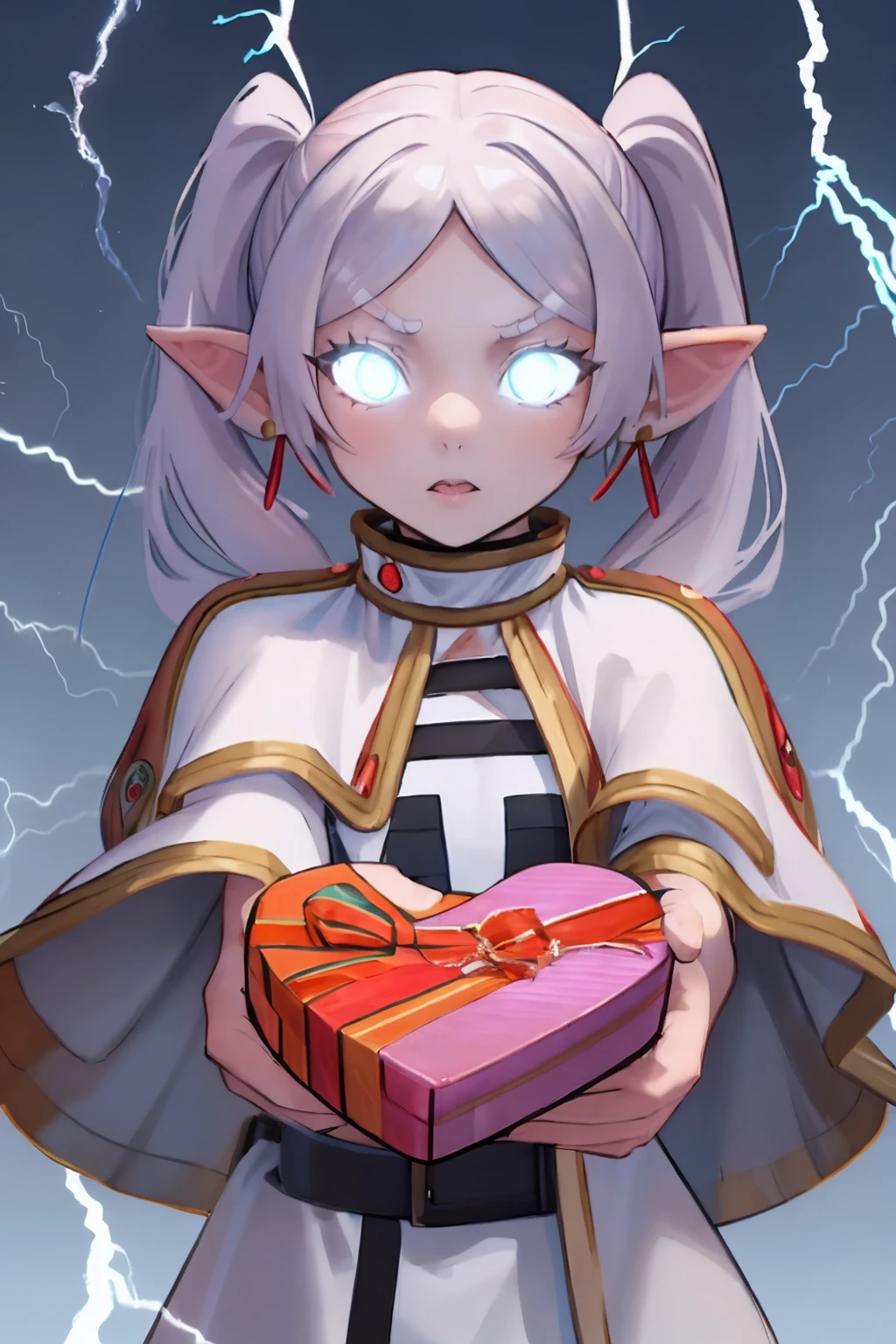 High Quality, Masterpiece, 1girl, IncrsVGiftBoth, <lora:IncomingValentineGiftPOVTwoHands:1>, demanding, dominant, incoming gift, simple background, upper body, FrierenBase, twintails, earrings, white capelet, striped shirt, <lora:Char_FBJE_Frieren:1>, IncrsLowTier, electricity, glowing eyes, <lora:Pos_LowTierMeme:0.8>