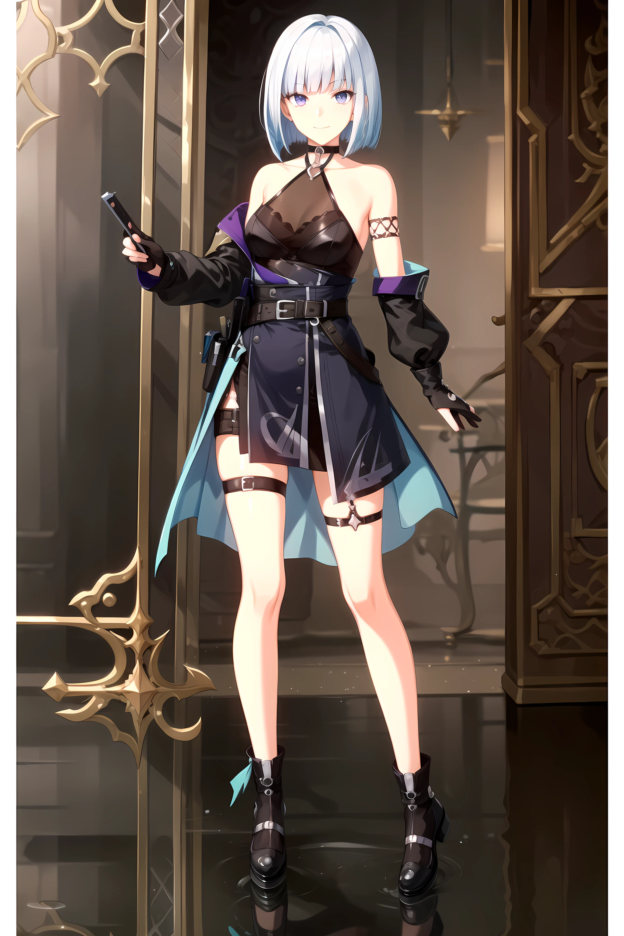 best quality, masterpiece, detailed,
<lora:TowerOfGod_KhunKiseia_TEST:0.8>, KhunKiseia,
1girl, closed mouth, light smile,
blue hair, purple eyes, short hair, blunt bangs, bob cut, tattoo,
assassin dress, jewelry, halterneck, see-through,, asymmetrical clothes, black belt, thigh strap, blue footwear,
standing, looking at viewer, facing viewer, full body, reflection,
simple background