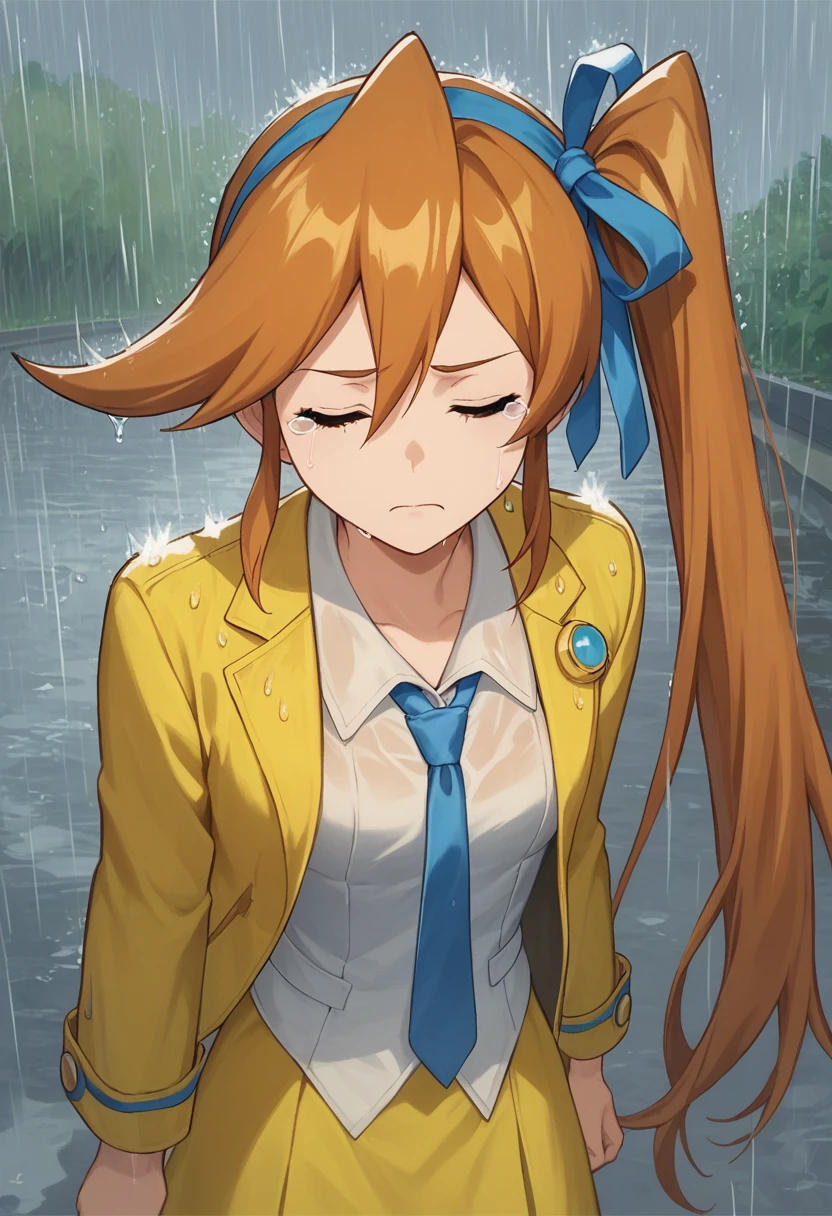 score_9, score_8, score_7, source_anime,
anime, official art,
rating_general,
<lora:athena-ponyxl-000008:1> aacykes, hair ribbon, side ponytail,
necktie, yellow jacket, yellow skirt,
1girl, solo, looking up, closed eyes, tearing up, rain, outdoors