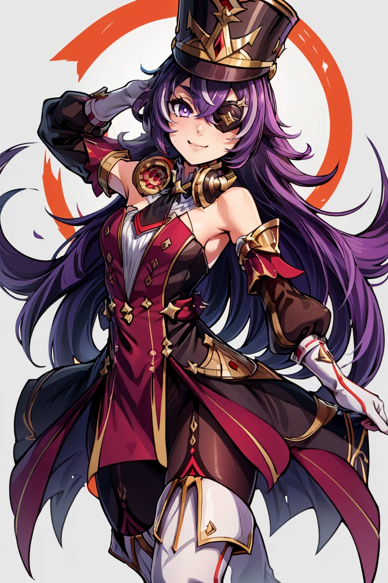 ((masterpiece,best quality)), absurdres, <lora:Chevreuse_Genshin:0.8>,  Chevreuse_Genshin,  1girl, solo, long hair, purple hair, purple eyes, eyepatch, multicolored hair,  uniform, headphones around neck, white thigh boots, shako cap, dress, detached sleeves, gloves,  smile, looking at viewer, cowboy shot,
simple background,