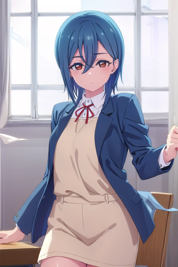 shikiwakana, <lora:shiki wakana s2-lora-nochekaiser:1>,
shiki wakana, short hair, bangs, (red eyes:1.3), hair between eyes, blue hair, earrings, stud earrings,
BREAK shirt, dress, ribbon, school uniform, jacket, white shirt, open clothes, collared shirt, open jacket, red ribbon, neck ribbon, blue jacket, pinafore dress, grey dress, yuigaoka school uniform,
BREAK indoors, classroom,
BREAK looking at viewer, (cowboy shot:1.5),
BREAK <lyco:GoodHands-beta2:1>, (masterpiece:1.2), best quality, high resolution, unity 8k wallpaper, (illustration:0.8), (beautiful detailed eyes:1.6), extremely detailed face, perfect lighting, extremely detailed CG, (perfect hands, perfect anatomy),