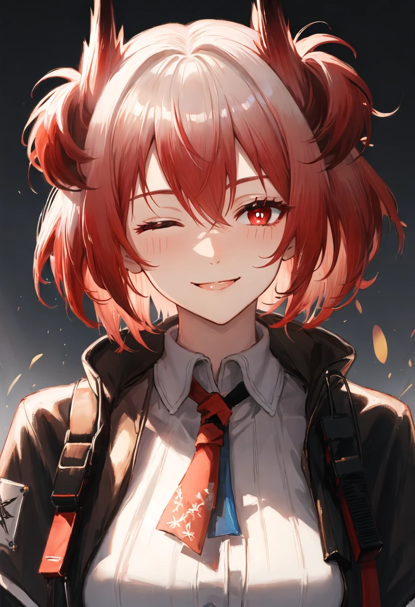 best quality, masterpiece, highres, solo, {fiammetta_arknights:0.90}, smile, happy, one_eye_closed, portrait, looking at viewer