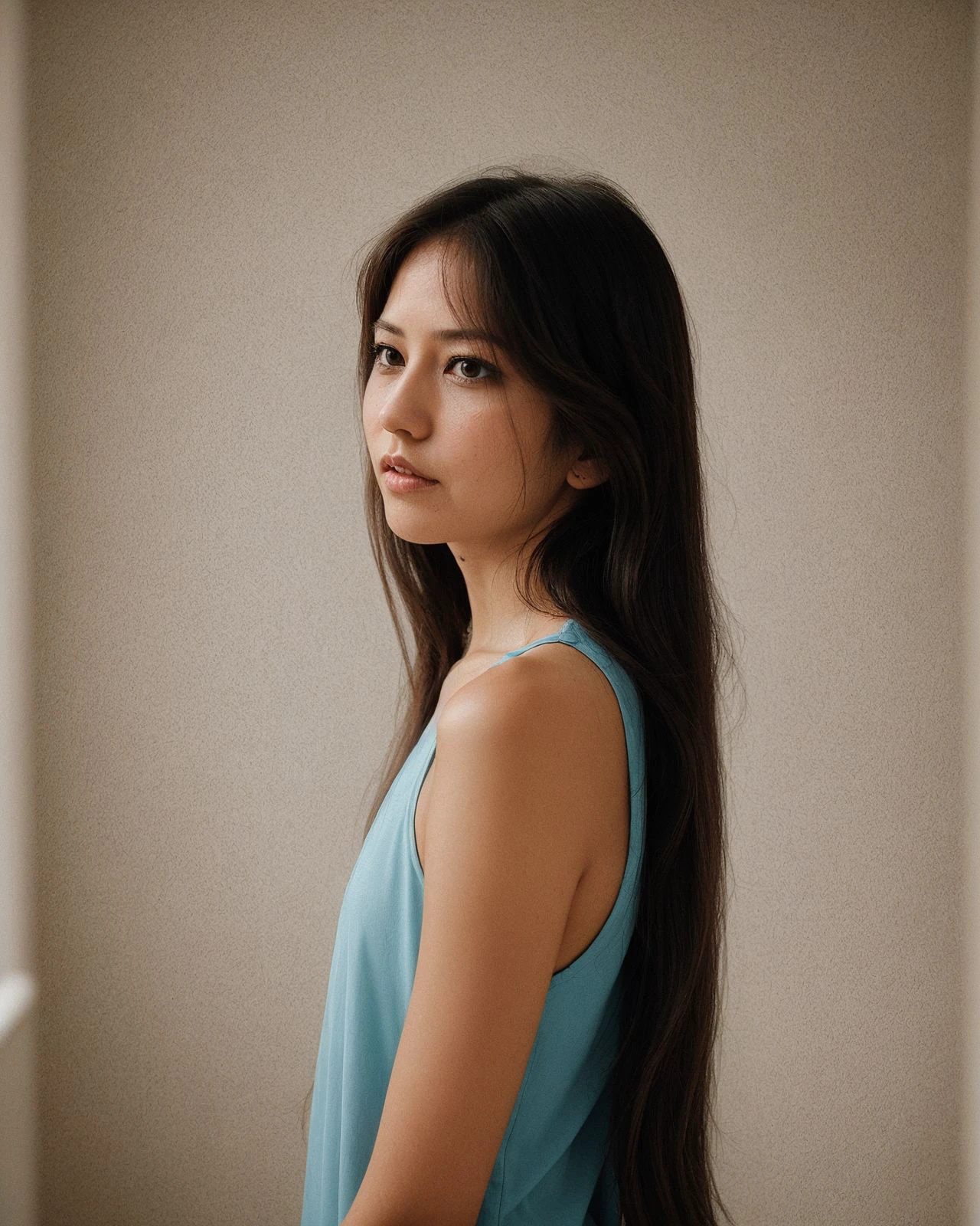 <lora:s0n0y4:1>, s0n0y4, photograph of adult woman, slim, long hair, looking at viewer, intricate, indoors, action shots, side view, hands_on_own_head,