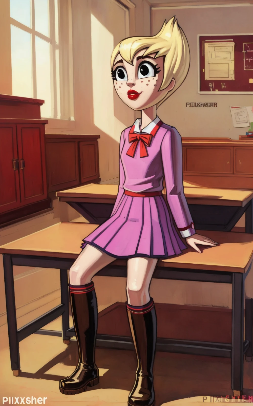 8k,4k,((Best quality, masterpiece, ultra high resolution)),((full body, by pixelsketcher)), <lora:PrincessIlana:0.85>,PrincessIlana,blonde hair, red lips, black eyes, lipstick, long sleeves, freckles, boots,brown boots, school uniform, school, sitting on desk,human,smile