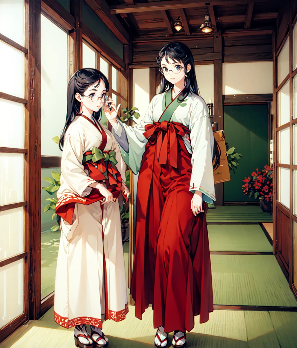 masterpiece, anime screencap, 2girls, mother and daughter, black hair, black eyes, long hair, japanese clothes, long sleeves, red hakama, boots, tabi, sandals, round glasses, full body, cowboy shot, indoors, dojo, <lora:Sanae:1>
