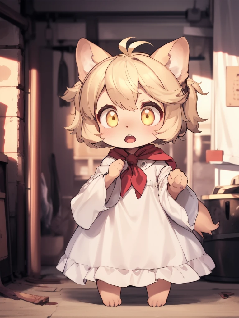 <lora:Mei_Marzipan:0.8>, MeiMarzipan, solo, 1girl, looking at viewer, full body, barefoot, standing, long sleeves, female child, neckerchief, white dress, twintails, teeth, wide-eyed, open mouth, dress, red neckerchief, parted lips, wide sleeves, industrial loft living room
masterpiece, high quality, very_high_resolution, large_filesize, full color,