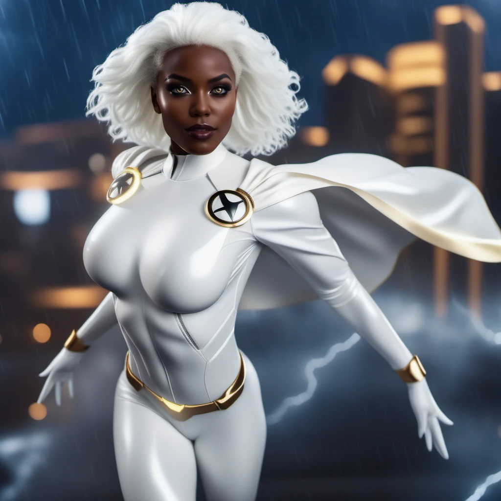 cinematic photo a black woman, full body, with white hair, white superhero suit, storm, white eyes, flying over a city, powerfull in the rain, dramatic, masterpiece <lora:Storm1024-000105:0.8> . 35mm photograph, film, bokeh, professional, 4k, highly detailed