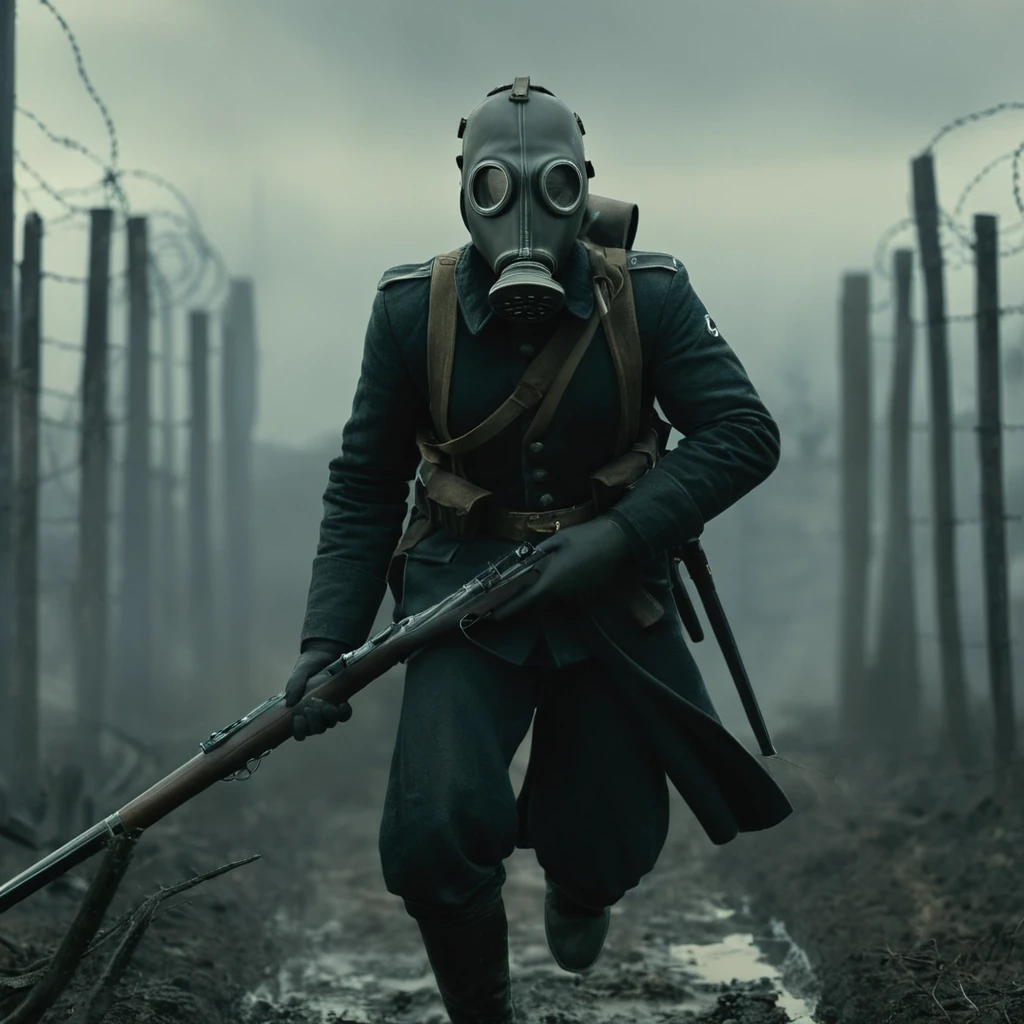 UHD, 4k, ultra detailed, cinematic, a photograph of  <lora:Battlefield ww1 style:1>
a german man in a gas mask holding a rifle bayonet battlefield ww1 style,solo,gloves,1boy,weapon,male focus,water,armor,uniform,gun,military,military uniform,helmet,fire,rifle,running,military vehicle,assault rifle,explosion,firing,gas mask,soldier,war,barbed wire , war, war zone, battle, warrior, soldier, dark themed, cinematic, film look, world war 1, first world war, ww1, military, dramatic light, epic, beautiful lighting, inpsiring