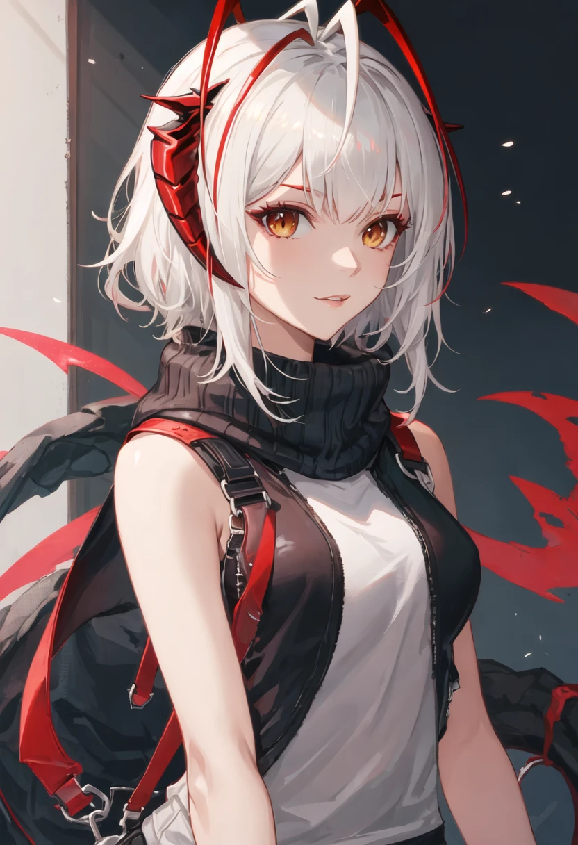 anime beautiful girl , short hair, shoulder length hair, white hair, wearing black shirt, black mini pants, dark and gloomy, red ruby eyes, high res, ultrasharp, 8K, masterpiece,tired eyes, semi realistic,artwork in the style of guweiz, virtual space black background