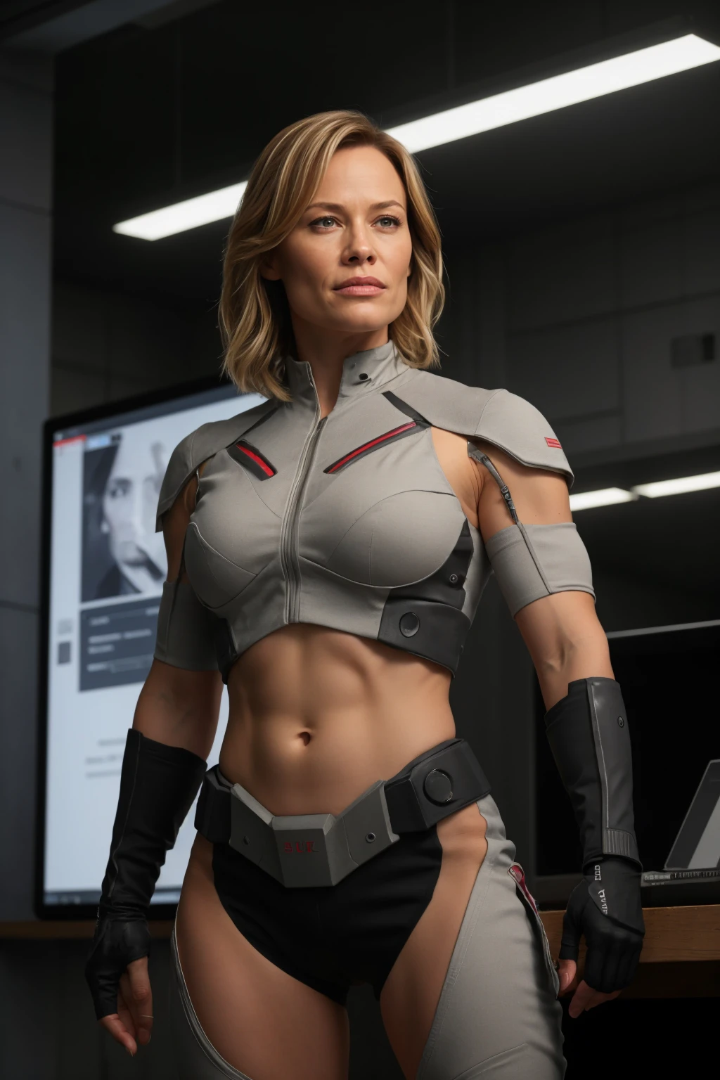 BMAIW, cyborg woman solider, standing in the command center with a gun, cinematic, high detail, masterpiece <lora:BMAIW_sd15_scaled_128:0.75>