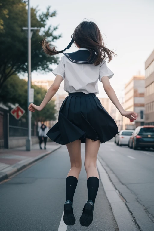 ltra-detailed,highly detailed,best quality,masterpiece,illustration,realistic,photorealistic,
1girl, solo, from behind,
jump,jumping, school uniform,sailor dress,
<lora:jump_v1_02:0.7>