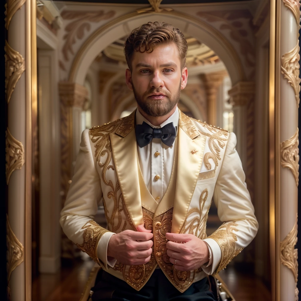 professional photography, portrait of lincolnbriniak person, still film, high resolution, 4k, photo by Sacha Goldberger, <lora:lincolnbriniak_56700:1> <lora:IvoryGoldAI:1>