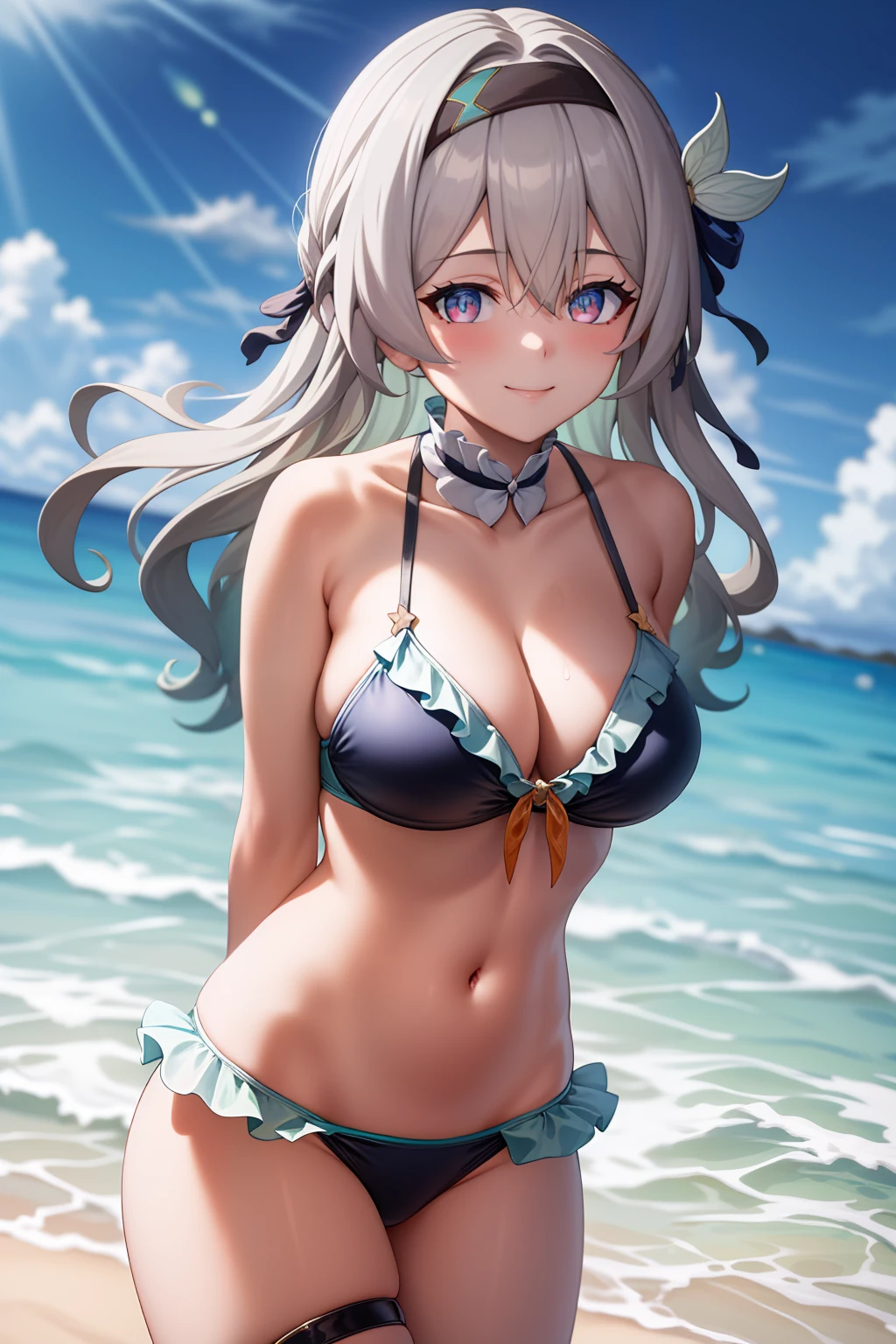 masterpiece, best quality, <lora:firefly-v2-kozue:1>,
1girl, solo, swimsuit, bikini, long hair, hairband, outdoors, arms behind back, ocean, day, sky, cloud, navel, beach, looking at viewer, frilled bikini, black hairband, frills, water, grey hair, standing, wading, blue eyes, bangs, hair ornament, blue sky, halterneck, collarbone, leg ribbon, closed mouth, thigh strap, hair between eyes, bare shoulders, white bikini, ribbon, smile