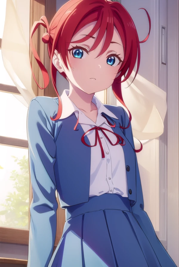 meiyoneme, <lora:mei yoneme s2-lora-nochekaiser:1>,
mei yoneme, bangs, blue eyes, hair between eyes, red hair, hair bun, single hair bun, single side bun,
BREAK shirt, dress, ribbon, school uniform, jacket, white shirt, open clothes, collared shirt, open jacket, red ribbon, neck ribbon, blue jacket, pinafore dress, grey dress, yuigaoka school uniform,
BREAK indoors, classroom,
BREAK looking at viewer, (cowboy shot:1.5),
BREAK <lyco:GoodHands-beta2:1>, (masterpiece:1.2), best quality, high resolution, unity 8k wallpaper, (illustration:0.8), (beautiful detailed eyes:1.6), extremely detailed face, perfect lighting, extremely detailed CG, (perfect hands, perfect anatomy),