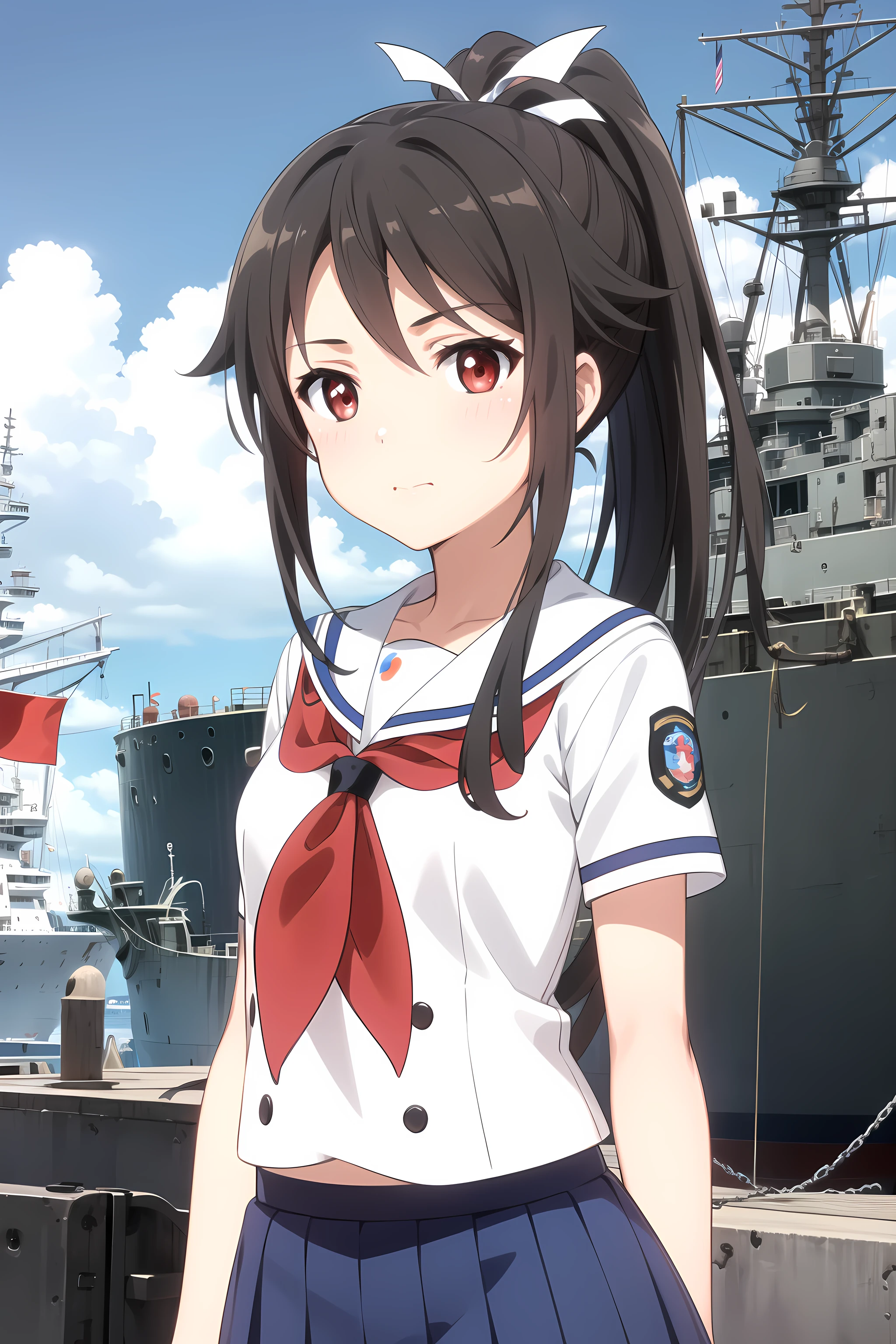 best quality, masterpiece, detailed,
<lora:HighSchoolFleet_MunetaniMashiro:0.8>, MunetaniMashiro,
1girl, closed mouth,
brown hair, red eyes, ponytail, hair ribbon, white ribbon,
serafuku, white shirt, aiguillette, red neckerchief, blue skirt, short sleeves,
standing, looking at viewer, arms at sides,
(ship, military vehicle:1.2)