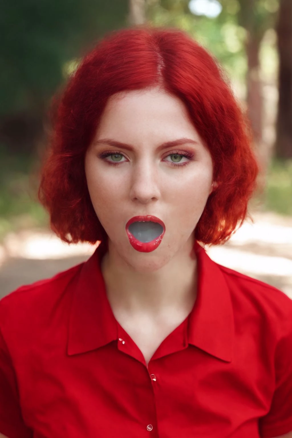 A stunning intricate full color portrait of a beautiful 22 year woman, red hair, shirt, full body, (open mouth), epic character composition,by ilya kuvshinov, alessio albi, nina masic,sharp focus, subsurface scattering, f2, 35mm, film grain <lora:cuminm:1.4>