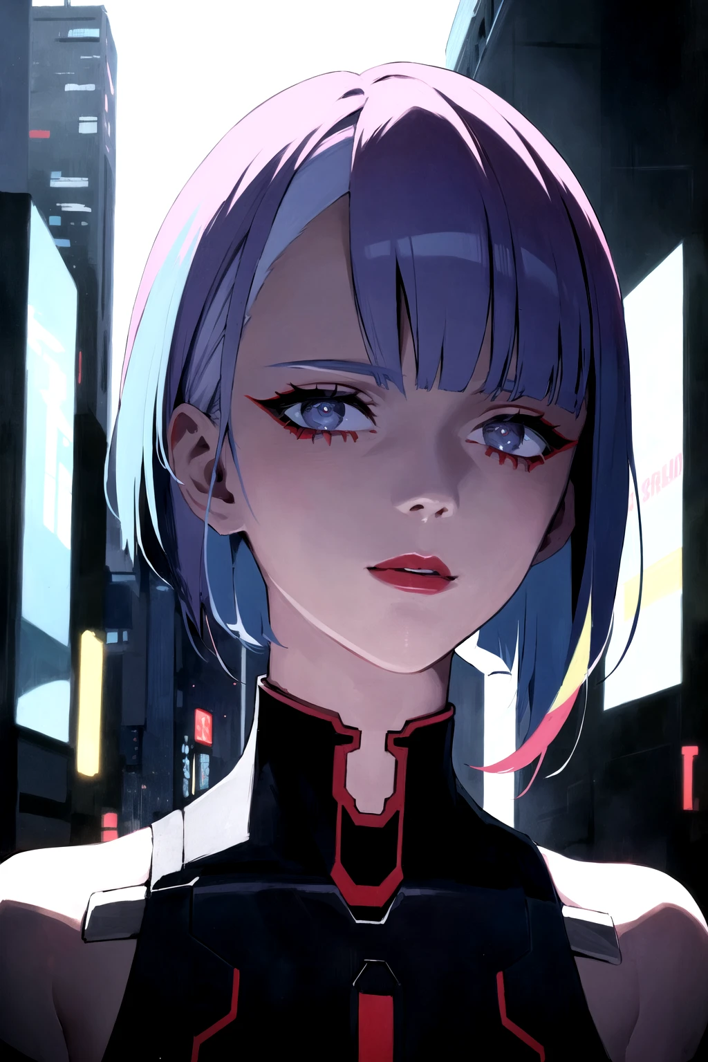 masterpiece, best quality, lucy \(cyberpunk\), <lora:lucy_offset:1>, bob cut, short hair, asymmetrical hair, multicolored hair, 1girl, solo, pale skin, red lips, detached sleeves, beautiful eyes, upper body, outdoors, looking at viewer, beautiful and aesthetic, official art, professional illustration, hires, amazing, absurdres