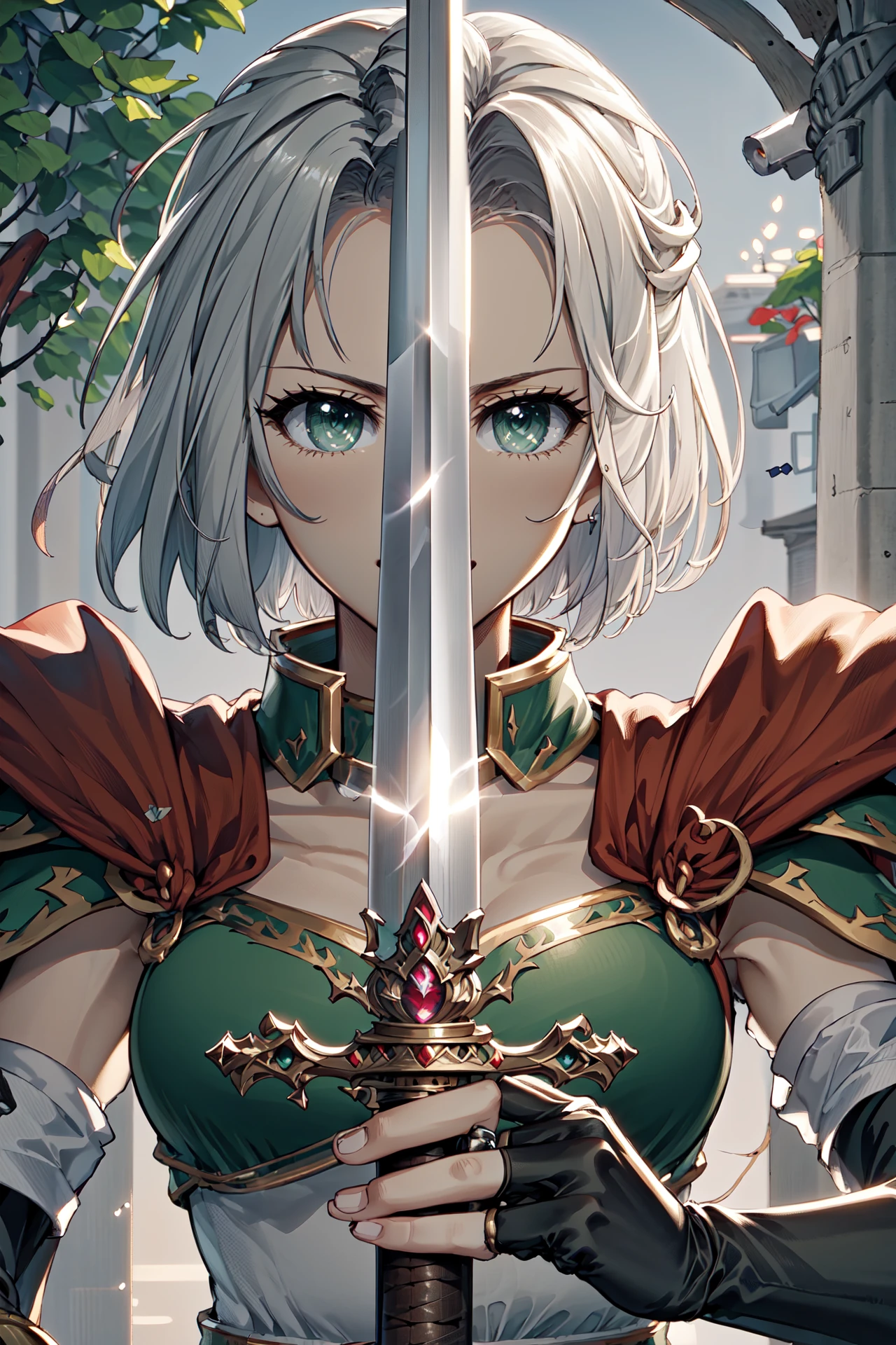 <lora:swordup-pose-richy-v1:0.85>,(swordup, looking at viewer, close-up,plump:1.2),sword, <lora:amaldaV3:1>,amalda,green armor, elbow gloves, fingerless gloves, shoulder armor, dress,outdoors,castle,sunlight, (masterpiece, best quality, ultra-detailed, best shadow)