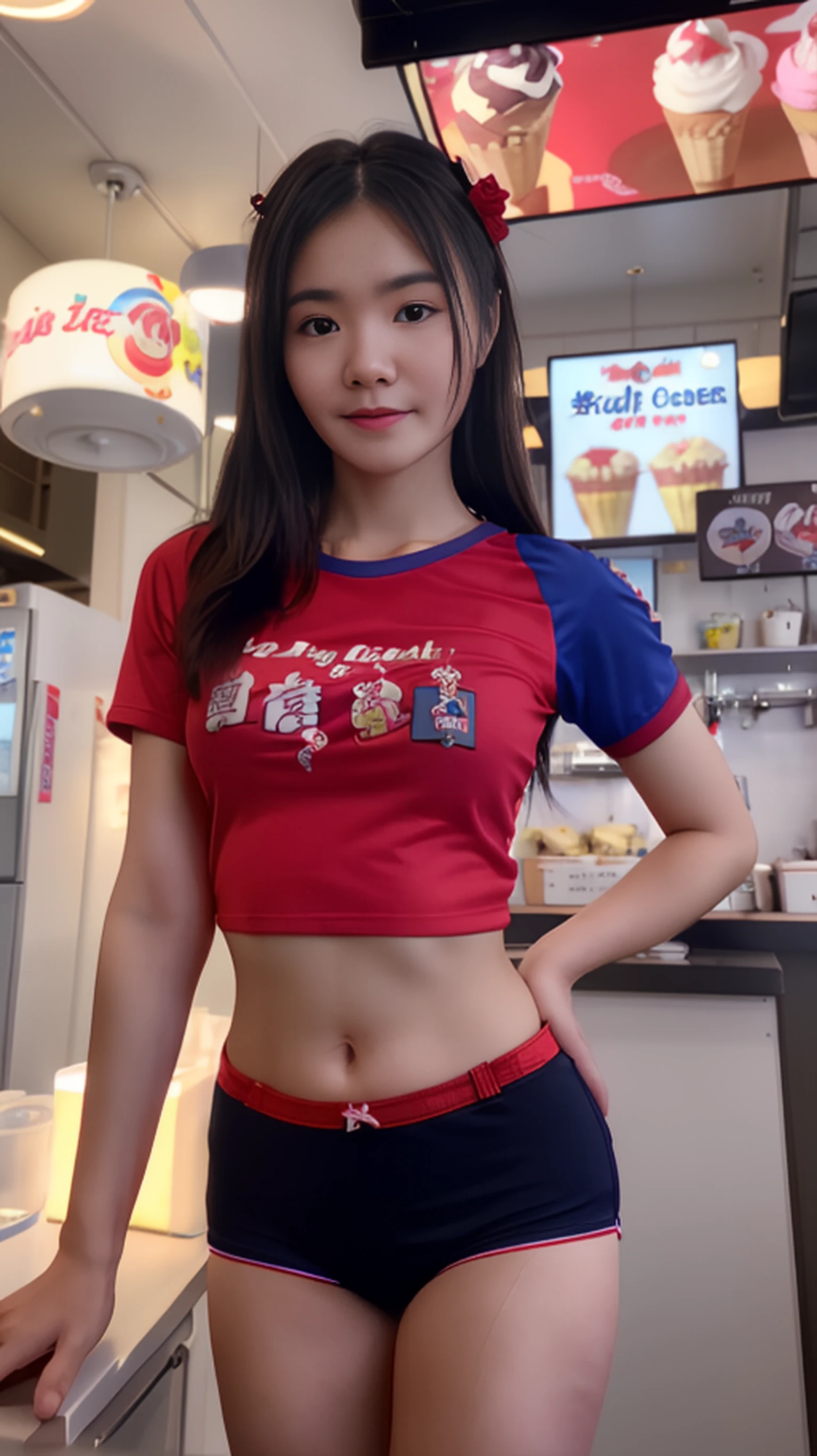 ice_cream_girl_v2, photography and r/nsfw and r/amateur and rNude_Selfies, (masterpiece:1.2), (best quality:1.2), (extremely detailed:1.2), (cinematic lighting, perfect lighting, blooming), Japanese young girl wearing satin underwear and  ((red t-shirt, blue collar, blue sleeve)), no pants, in ice cream shop,  receptionist, portrait  <lora:ice_cream_girl_v2:0.7>