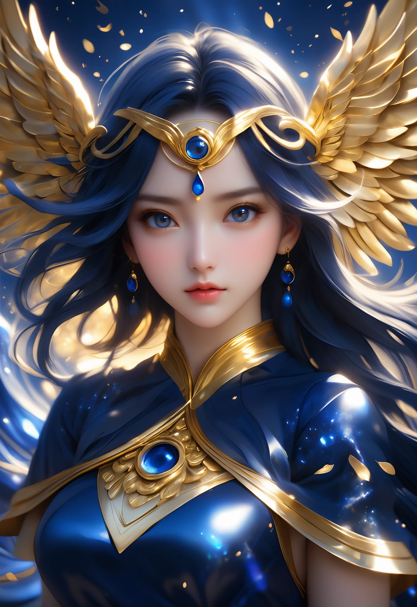 hd wallpapers for girls, in the style of indigo and gold, illusionary realism, realistic hyper-detail, anime aesthetic, shiny eyes, mythological imagery, light navy and gold