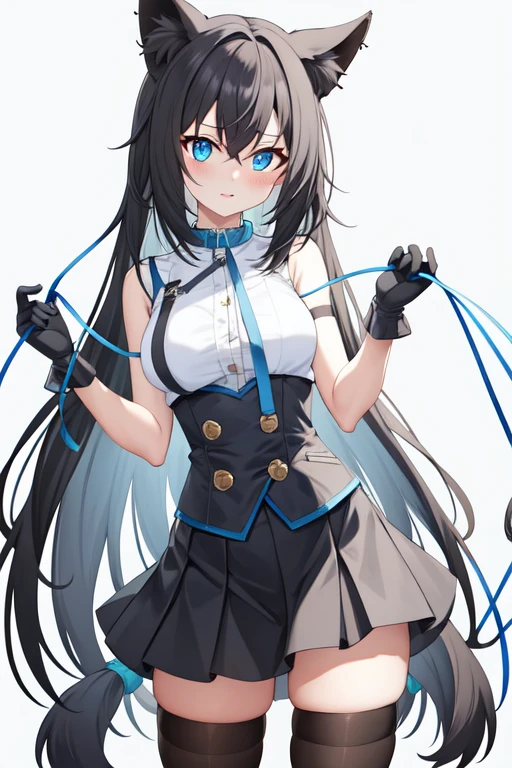 goforawalk, gloves, hair between eyes, black hair, skirt, black thighhighs, animal ear fluff, cowboy shot, blue eyes, very long hair