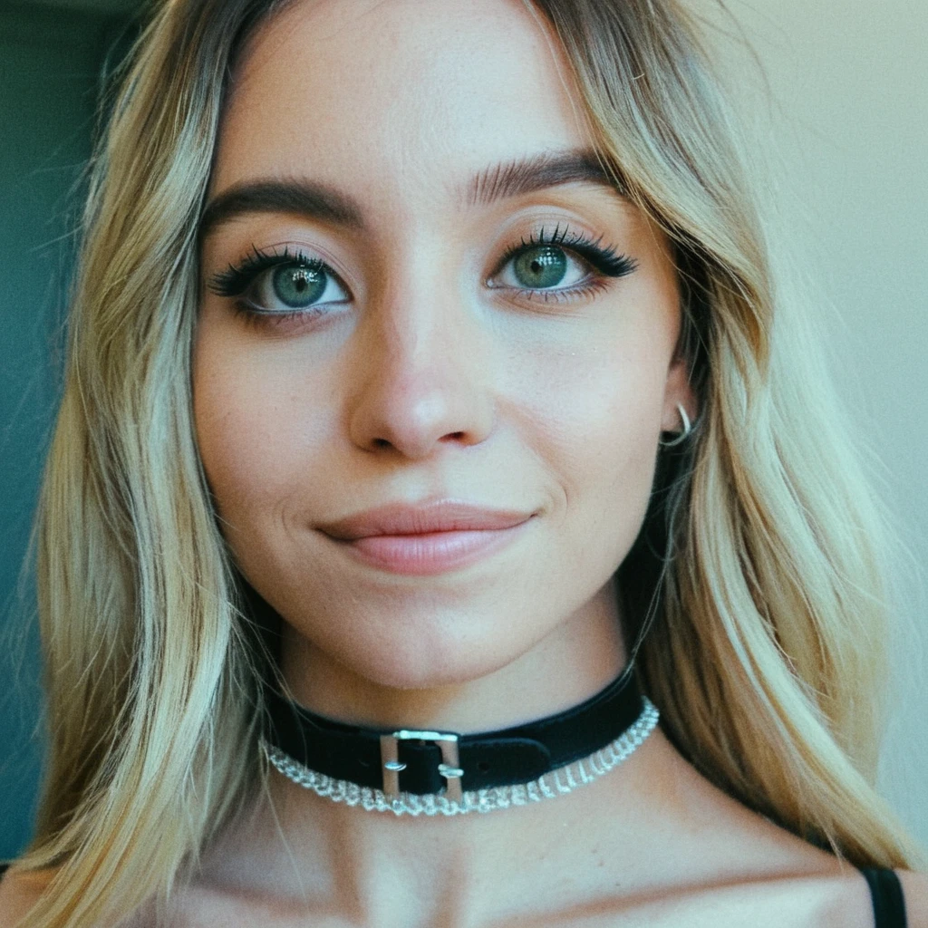 Film grain, skin texture, Instagram selfie of a pretty woman wearing a choker,natural,f/1.8,  <lora:sydsweeney_xl_1_standard_wo_cap-000028_0.2+sydsweeney_xl_1_standard_wo_cap-000046_0.3+sydsweeney_xl_1_standard_wo_cap-000087_0.5:1>, slight smile