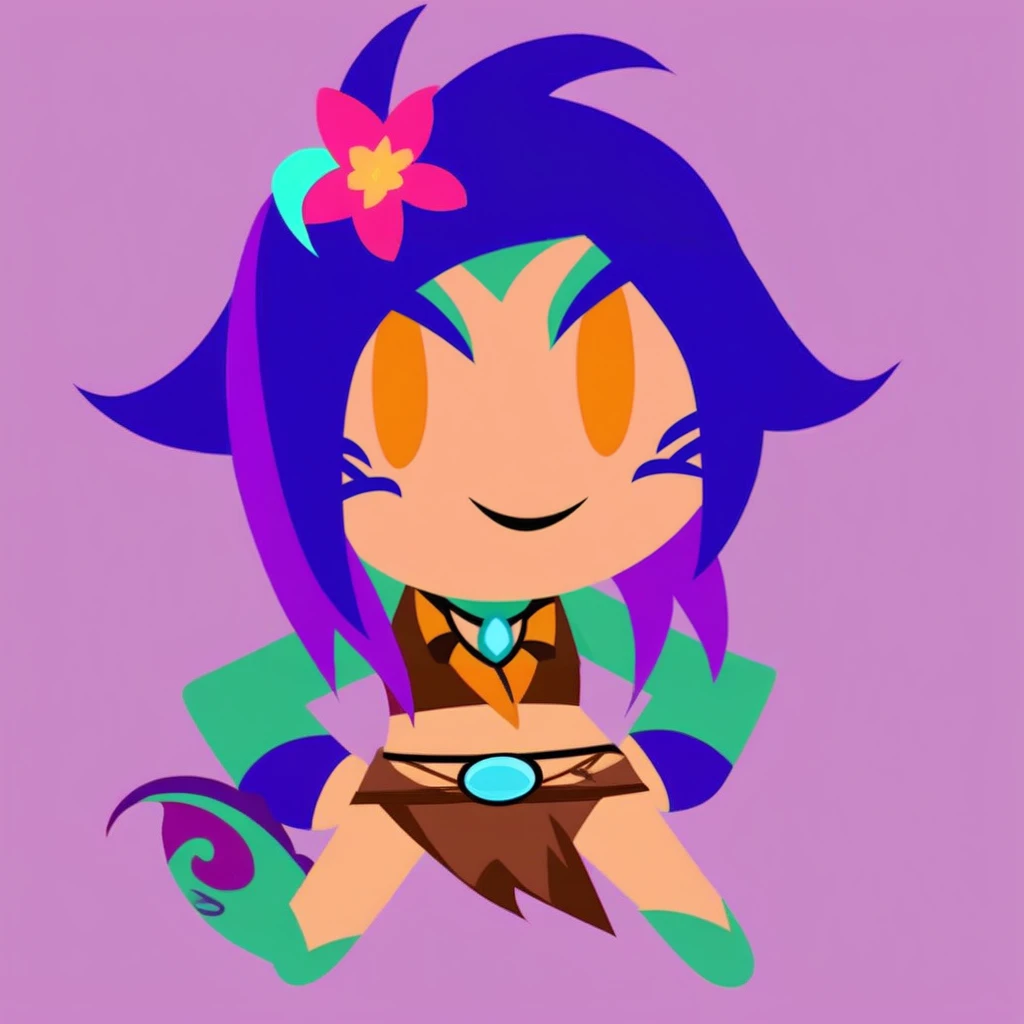 simple background, flat color, no lineart, chibi, solo, 1girl, neeko, smile, multicolored hair, colored skin, facial mark, forehead mark, hair ornament, hair flower, necklace, brown crop top, midriff, brown shorts, loincloth, lizard tail <lora:style_helltakerchibi_xl-000005:1> <lora:neeko-xl-nvwls-v1:1>