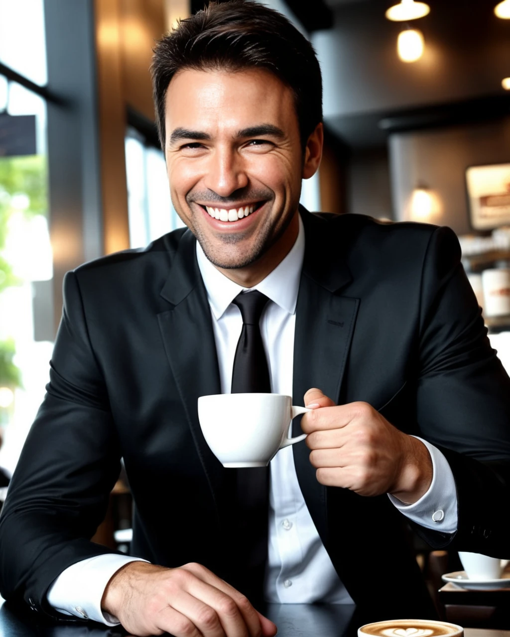 Business man ordering coffee, high quality, ultra-detailed, dramatic angle, big sly smile, perfect hands,