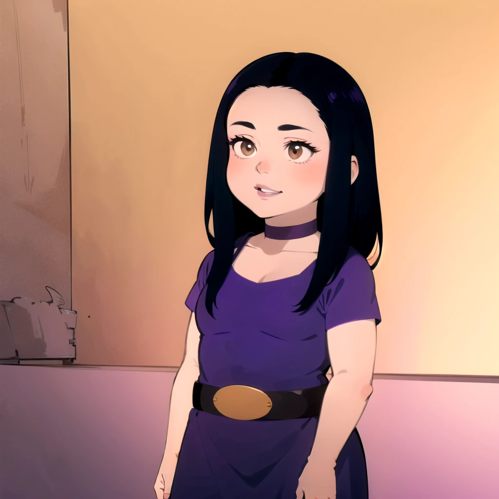 solo, 1girl, belt, black hair, brown eyes, choker, debbie hyman, dress, long hair, makeup, purple dress, short sleeves, <lora:Debbie_Hyman_Leaf3-v3:0.8>, gradient background,