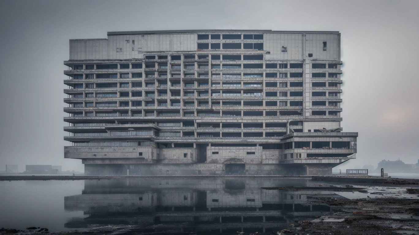 abandoned building, factory, overtaken by the sea, high quality, high resolution, extreme detail, masterpiece, intricate details, [volumetric fog], cinematic lighting, photographed on a Canon EOS R5, 50mm lens, F/2.8, HDR, 8k resolution, colorful